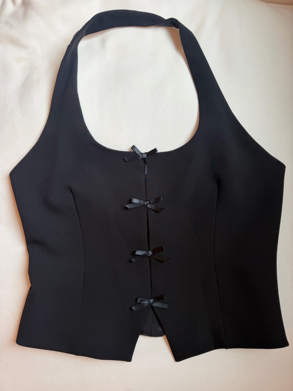 Black Halter Crop Top with Front Ribbon Closures